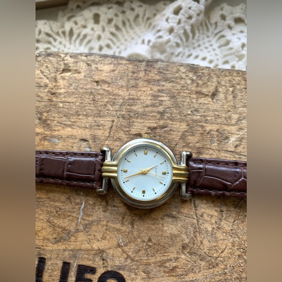 Tri Color Silver Gold Quartz Wrist Watch Brown Band Women’s Accessories Jewelry - Picture 1 of 8